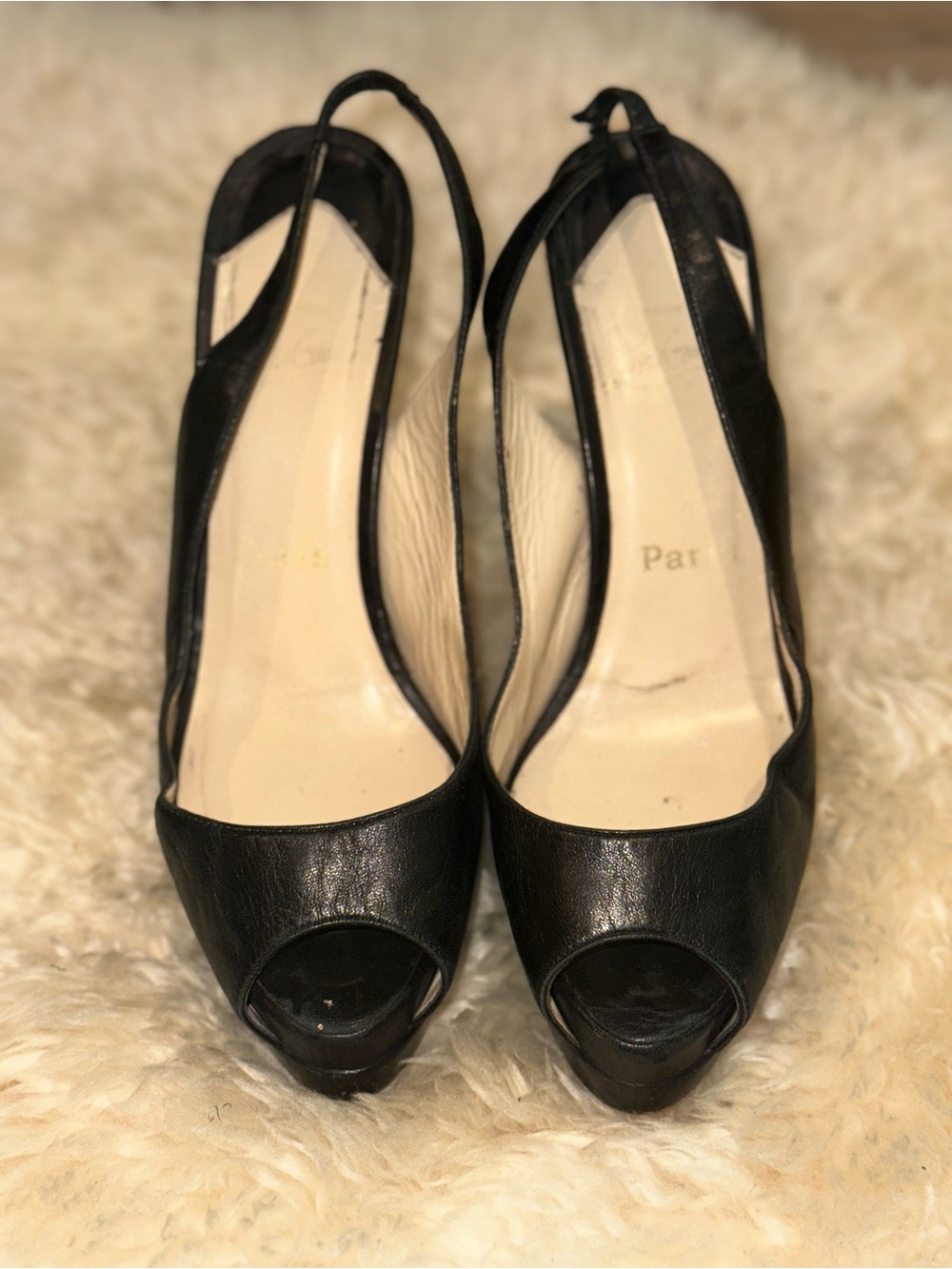 Christian Louboutin Black Peep-Toe Slingback Heels